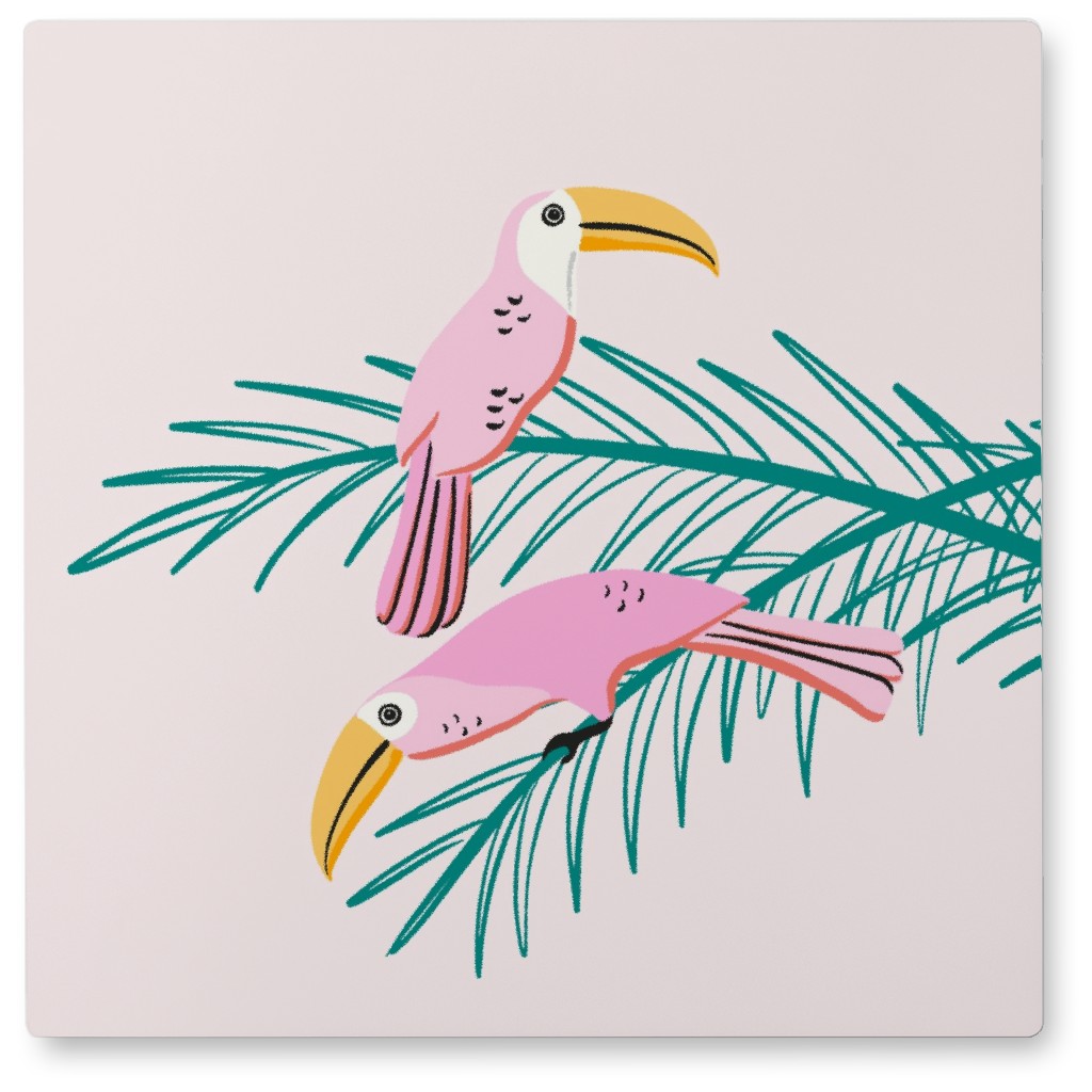 Toucan Birds on Palm Leaves - Pink Photo Tile, Metal, 8x8, Pink