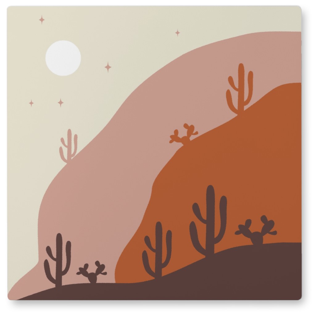 Mountains Cactus and Moon Phases - Earth Tones Photo Tile, Metal, 8x8, Orange