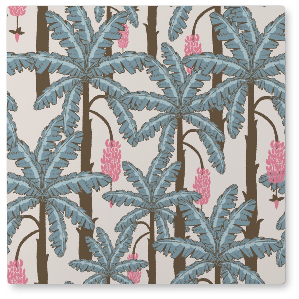Vintage Tropical Banana Trees - Blue and Pink Photo Tile, Metal, 8x8, Blue, True Blue