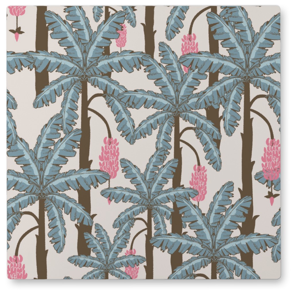 Vintage Tropical Banana Trees - Blue and Pink Photo Tile, Metal, 8x8, Blue