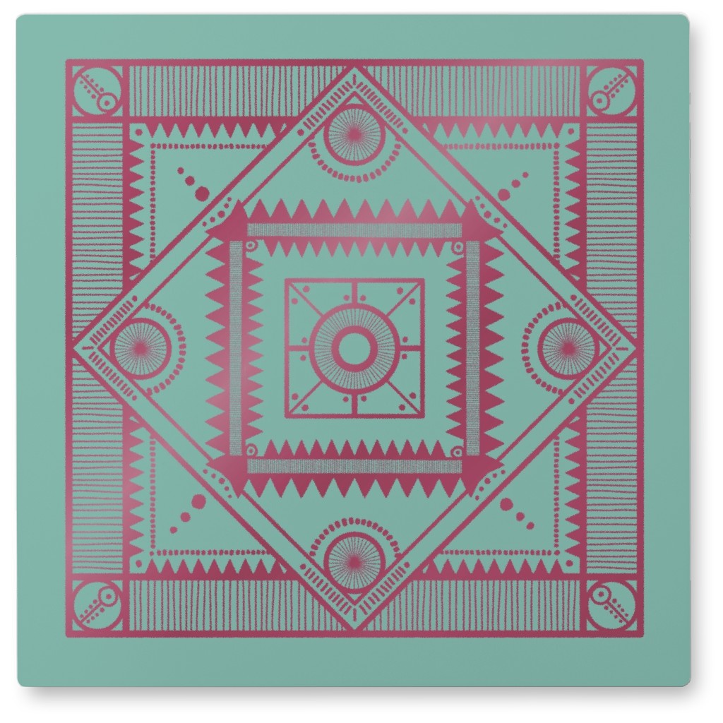 Tribal Geometric Tile Photo Tile, Metal, 8x8, Green