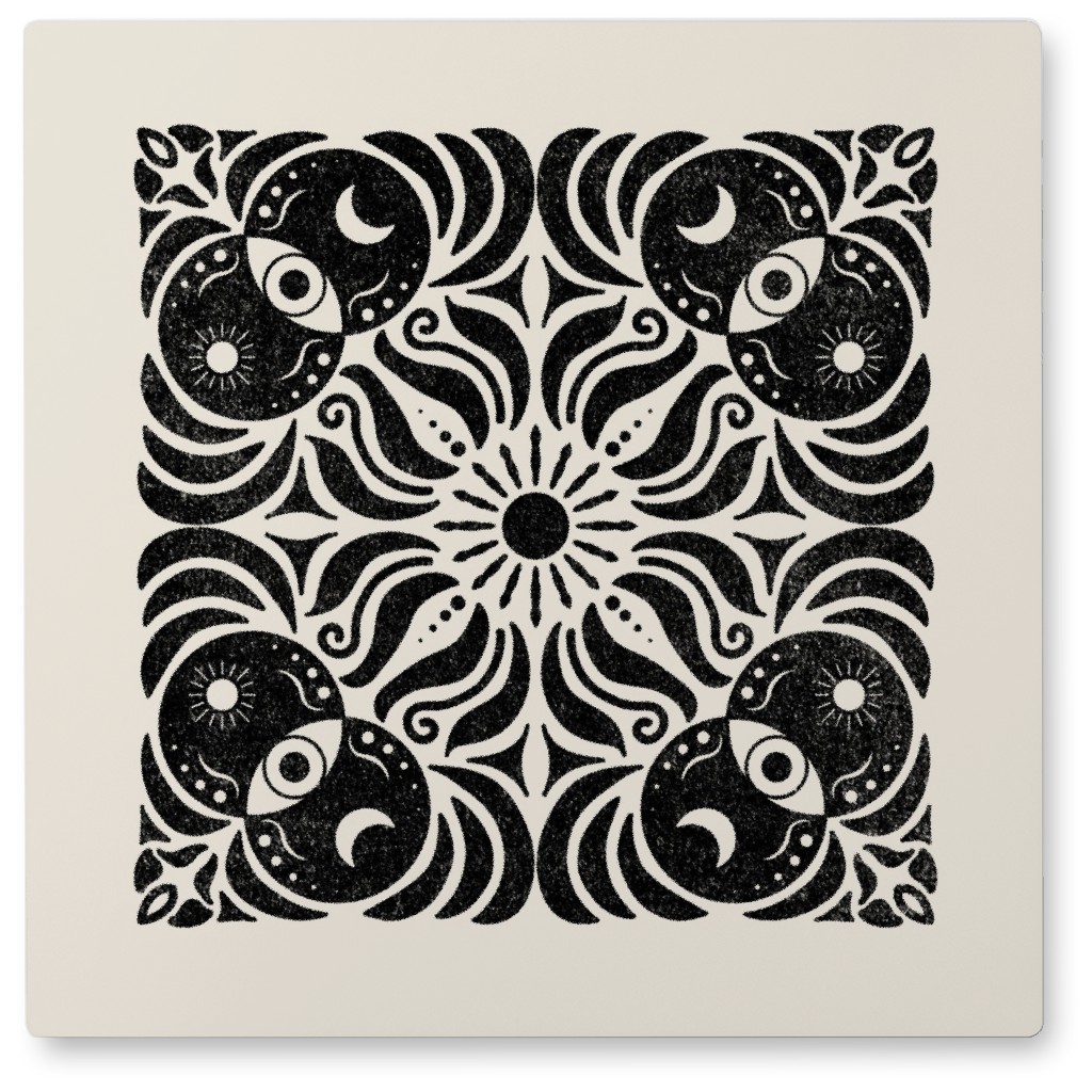 Sun, Moon and Eye Mandala - Cream and Black Photo Tile, Metal, 8x8, Beige, Pearl