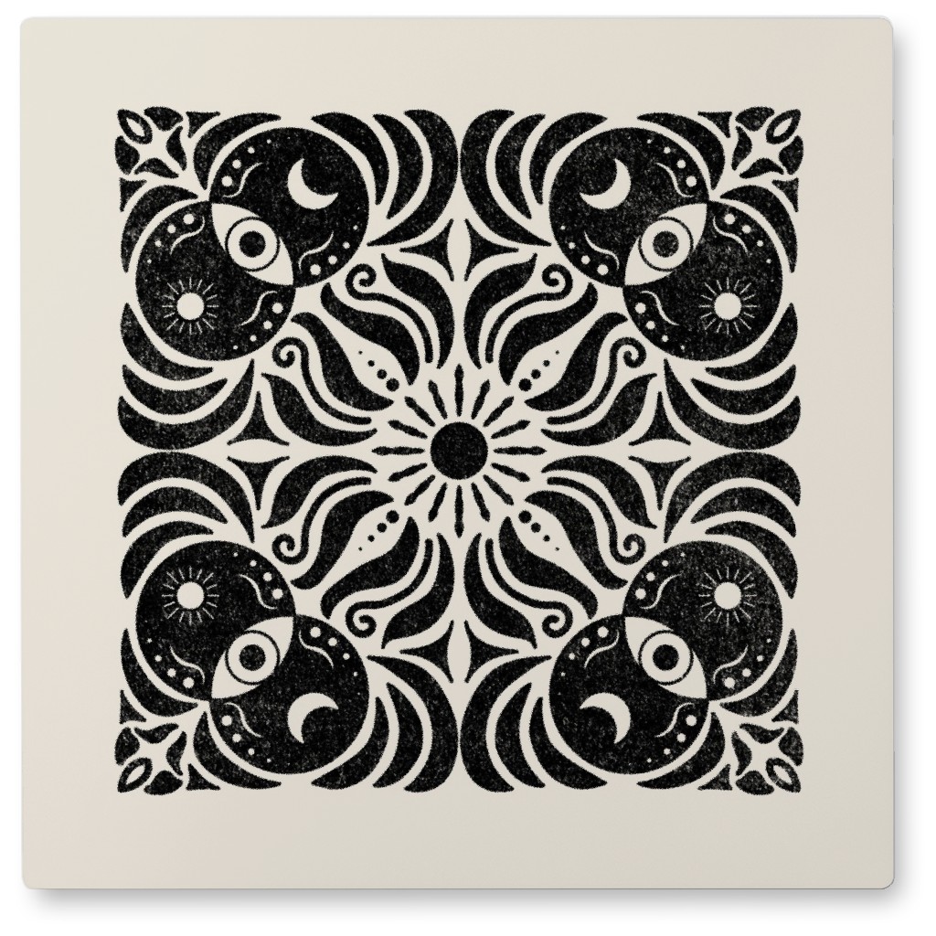 Sun, Moon and Eye Mandala - Cream and Black Photo Tile, Metal, 8x8, Beige