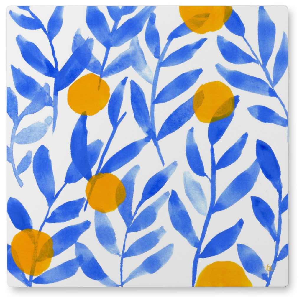 Modern Lemons - Blue and Yellow Photo Tile, Metal, 8x8, Blue