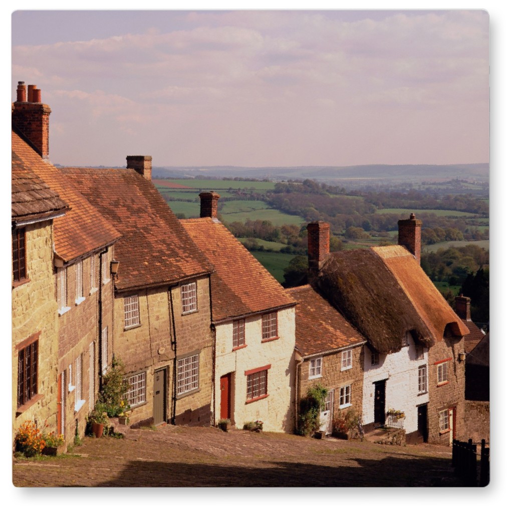Scottish Village Rooftops Photo Tile, Metal, 8x8, Brown