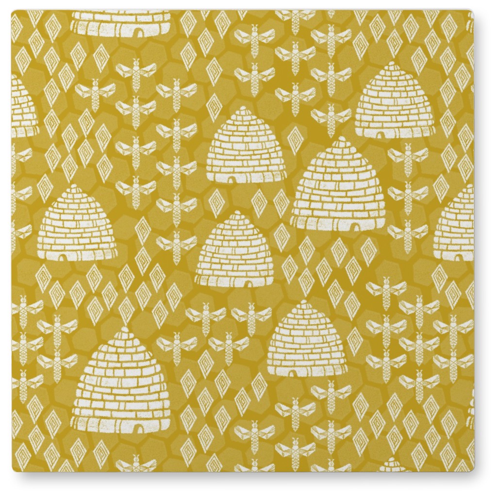 Bee Hives, Spring Florals Linocut Block Printed - Golden Yellow Photo Tile, Metal, 8x8, Yellow, Classic Yellow