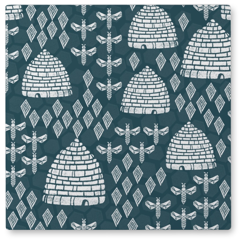 Vintage Bees and Hives - Blue Photo Tile, Metal, 8x8, Green, Classic Green