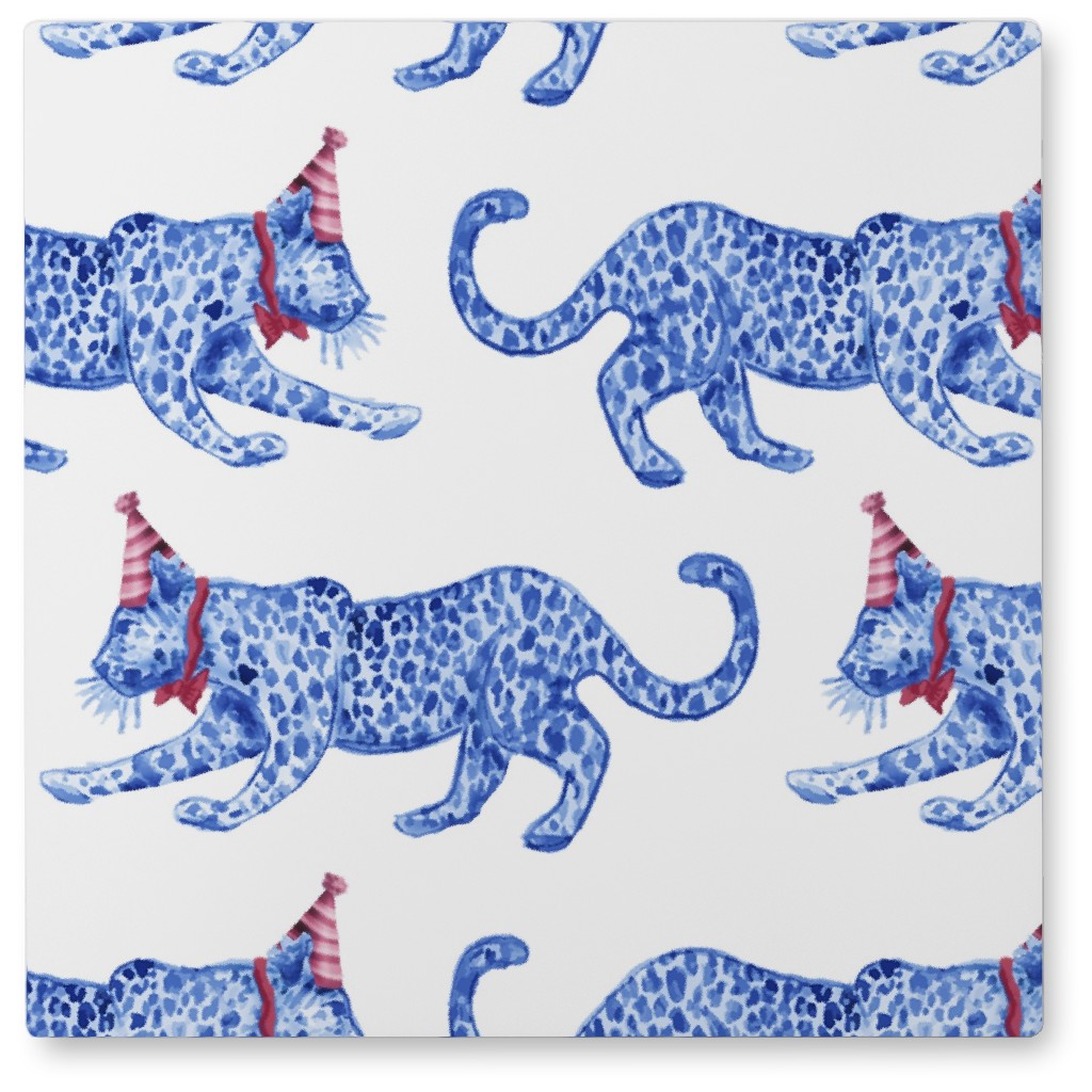 Party Leopards - Blue and Red Photo Tile, Metal, 8x8, Blue