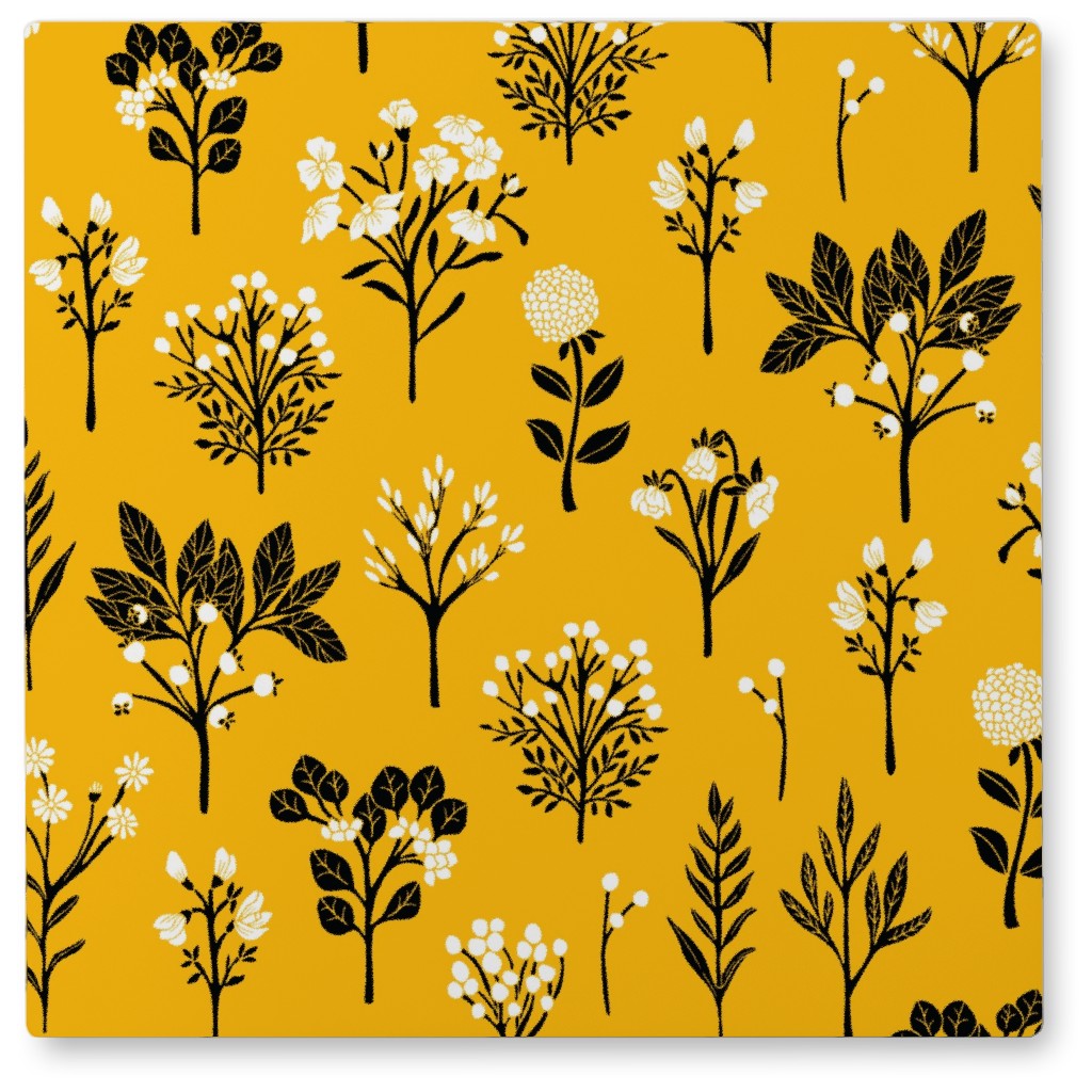 Florals - Yellow and Black Photo Tile, Metal, 8x8, Yellow