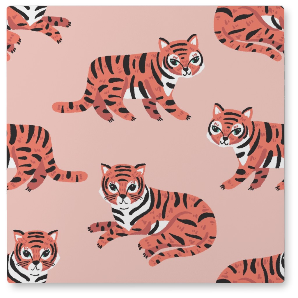 Jungle Tigers - Blush and Coral Photo Tile, Metal, 8x8, Pink
