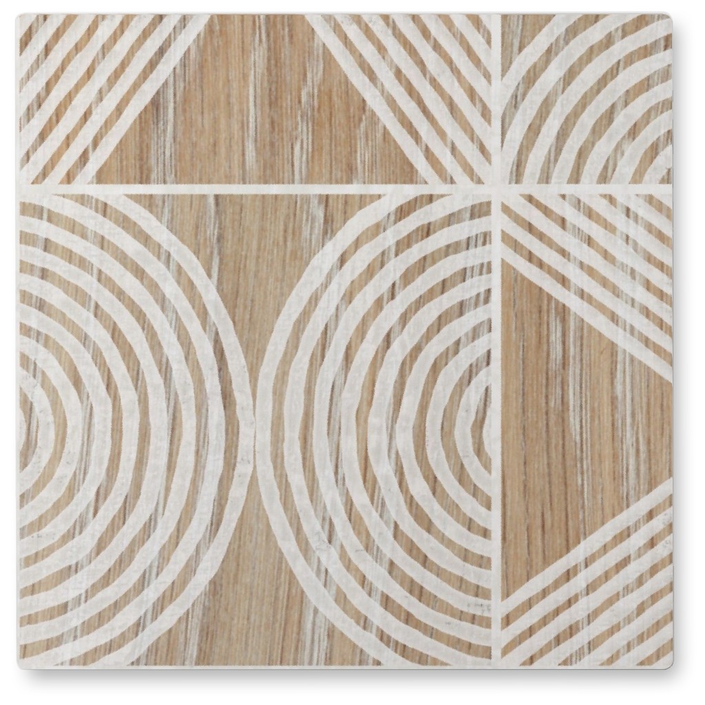 Boho Tribal Woodcut Geometric Shapes Photo Tile, Metal, 8x8, Beige