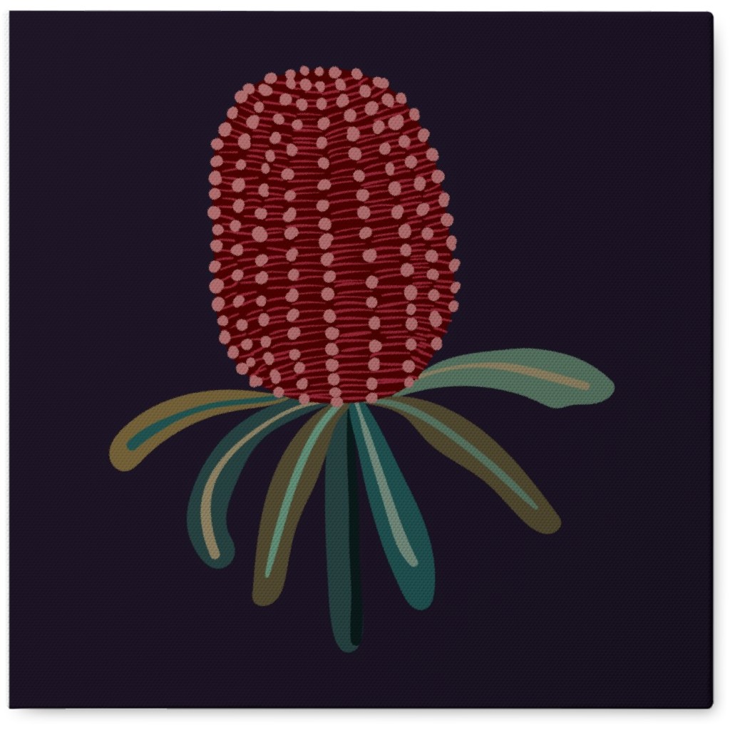 Banksia Floral - Pink on Black Photo Tile, Canvas, 8x8, Black
