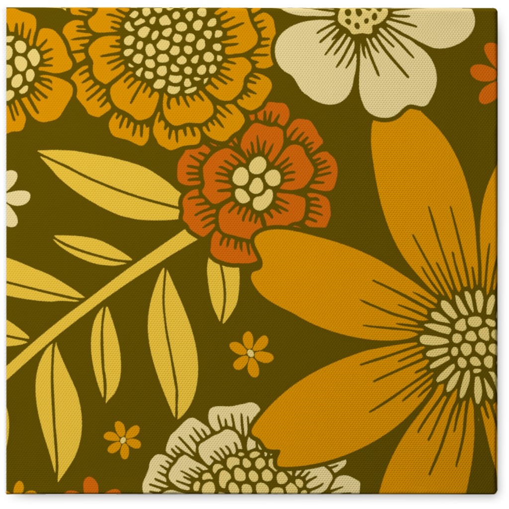 1970s Retro Flowers - Yellow, Orange & Olive Green Photo Tile, Canvas, 8x8, Orange