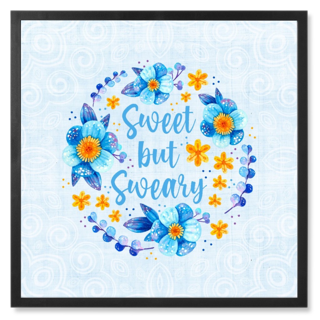 Sweet but Sweary Folk Floral - Blue Photo Tile, Black, Framed, 8x8, Blue