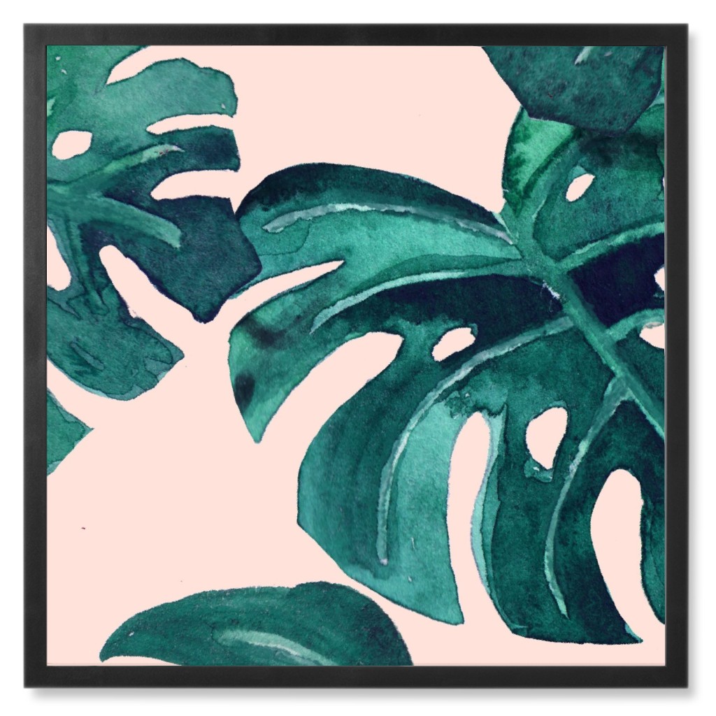 Watercolor Monstera Leaves - Green on Blush Pink Photo Tile, Black, Framed, 8x8, Green