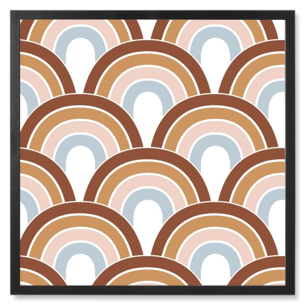 Retro Rainbow Waves - Scales and Curves - Rust Beige Blush Blue on White Photo Tile, Black, Framed, 8x8, Orange, Orange