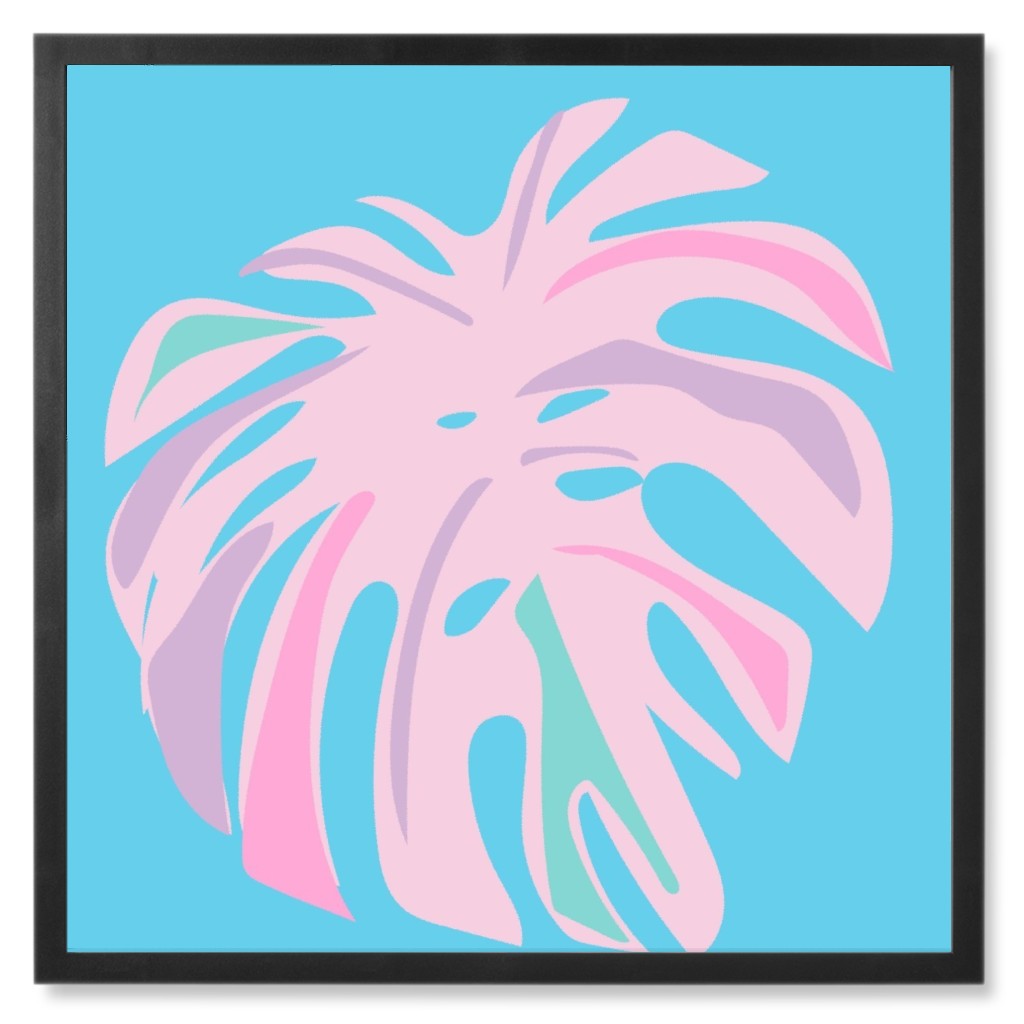 Bold Tropical Leaf - Blue and Pink Photo Tile, Black, Framed, 8x8, Blue, True Blue