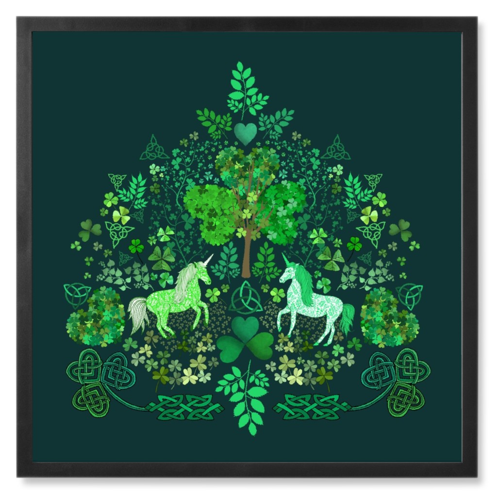 Irish Unicorns in the Celtic Woods - Green Photo Tile, Black, Framed, 8x8, Green