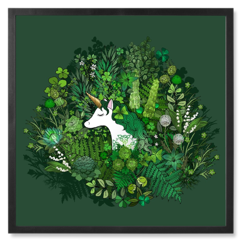 Irish Unicorn in a Garden - Green Photo Tile, Black, Framed, 8x8, Green