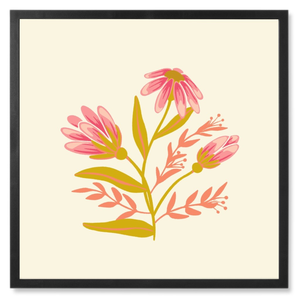 Simple Flowers - Pink Photo Tile, Black, Framed, 8x8, Pink