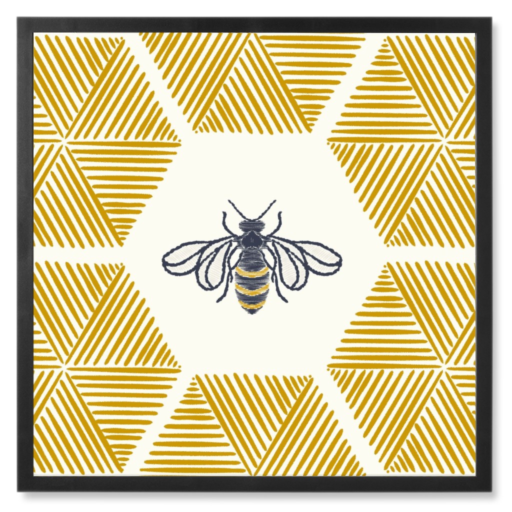 Stitched Bee Photo Tile, Black, Framed, 8x8, Yellow