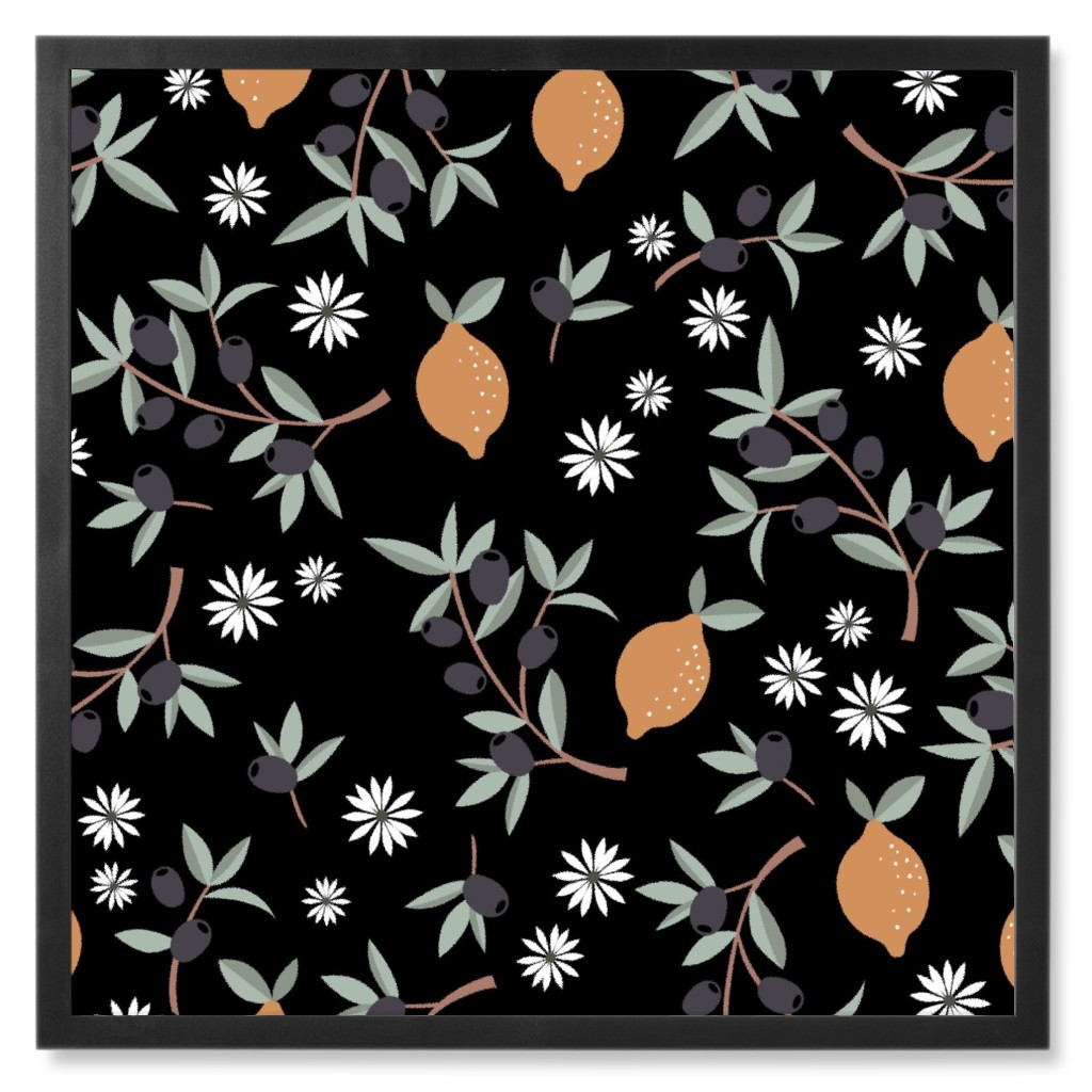 Italian Summer Olives and Citrus Garden Photo Tile, Black, Framed, 8x8, Orange, Beige