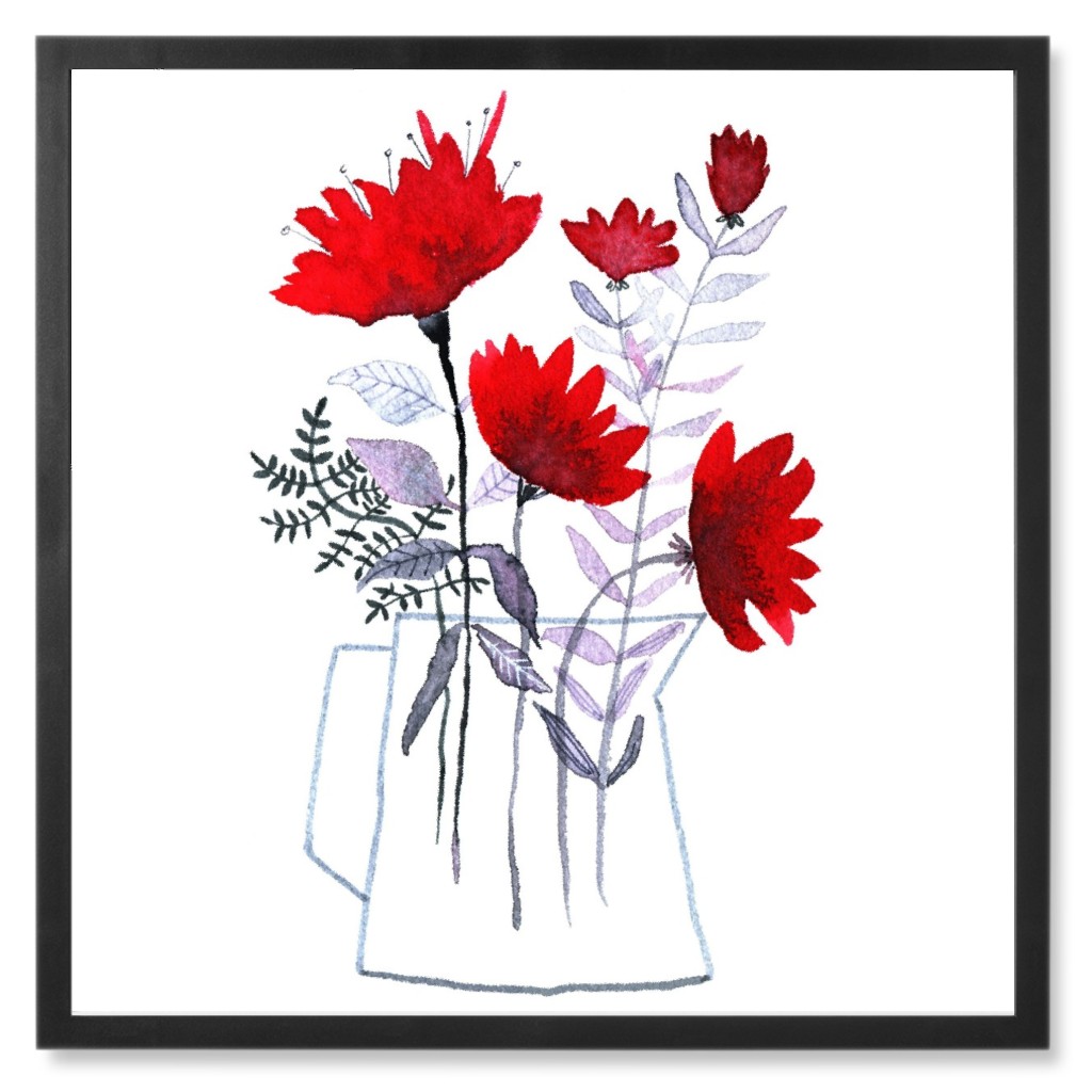 Flowers in Vase - Red and Gray Photo Tile, Black, Framed, 8x8, Red
