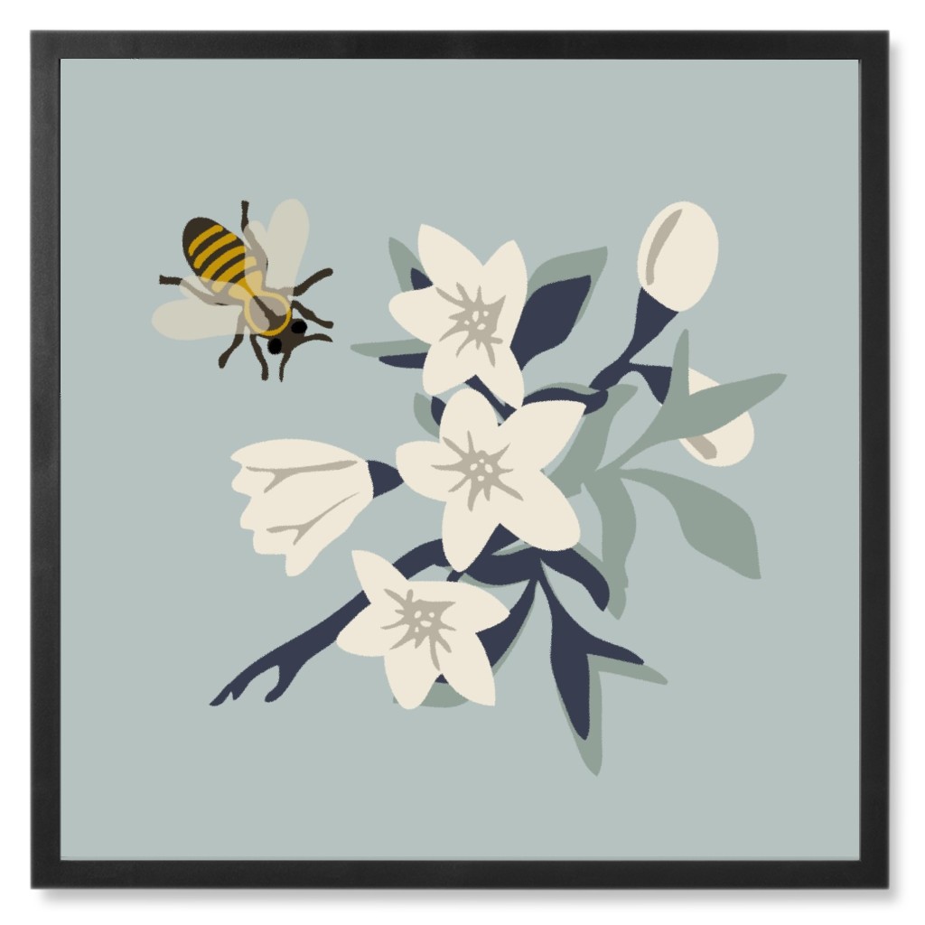 Bee and Flowers - Blue Photo Tile, Black, Framed, 8x8, Blue, True Blue