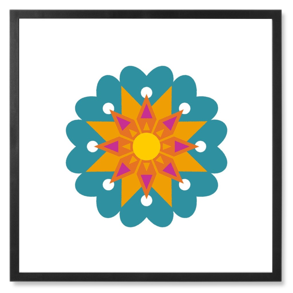 Scandi Flower - Teal and Orange Photo Tile, Black, Framed, 8x8, Blue