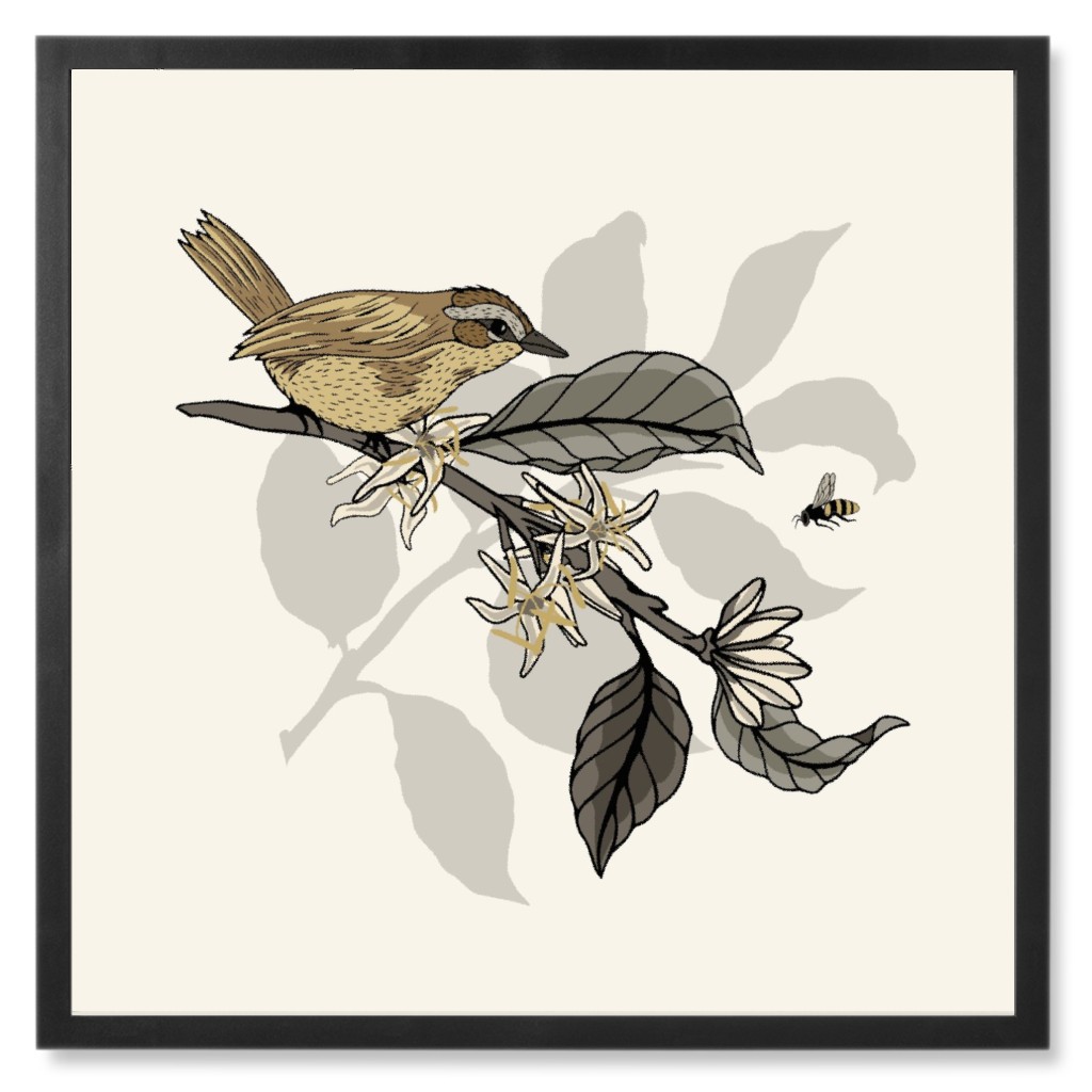 Bird on Coffee Plant - Neutral Photo Tile, Black, Framed, 8x8, Beige