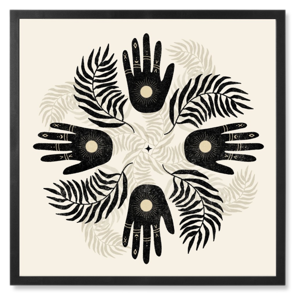 Abstract Palm Mandala - Cream and Black Photo Tile, Black, Framed, 8x8, Beige, Pearl