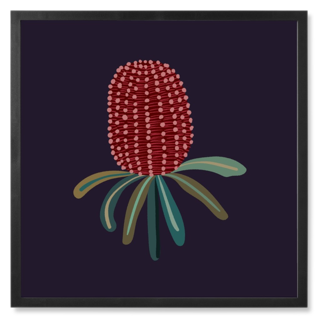 Banksia Floral - Pink on Black Photo Tile, Black, Framed, 8x8, Black, Black