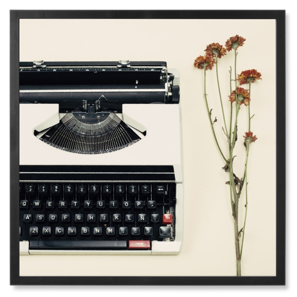 Vintage Typewriter and Flower Photo Tile, Black, Framed, 8x8, Beige