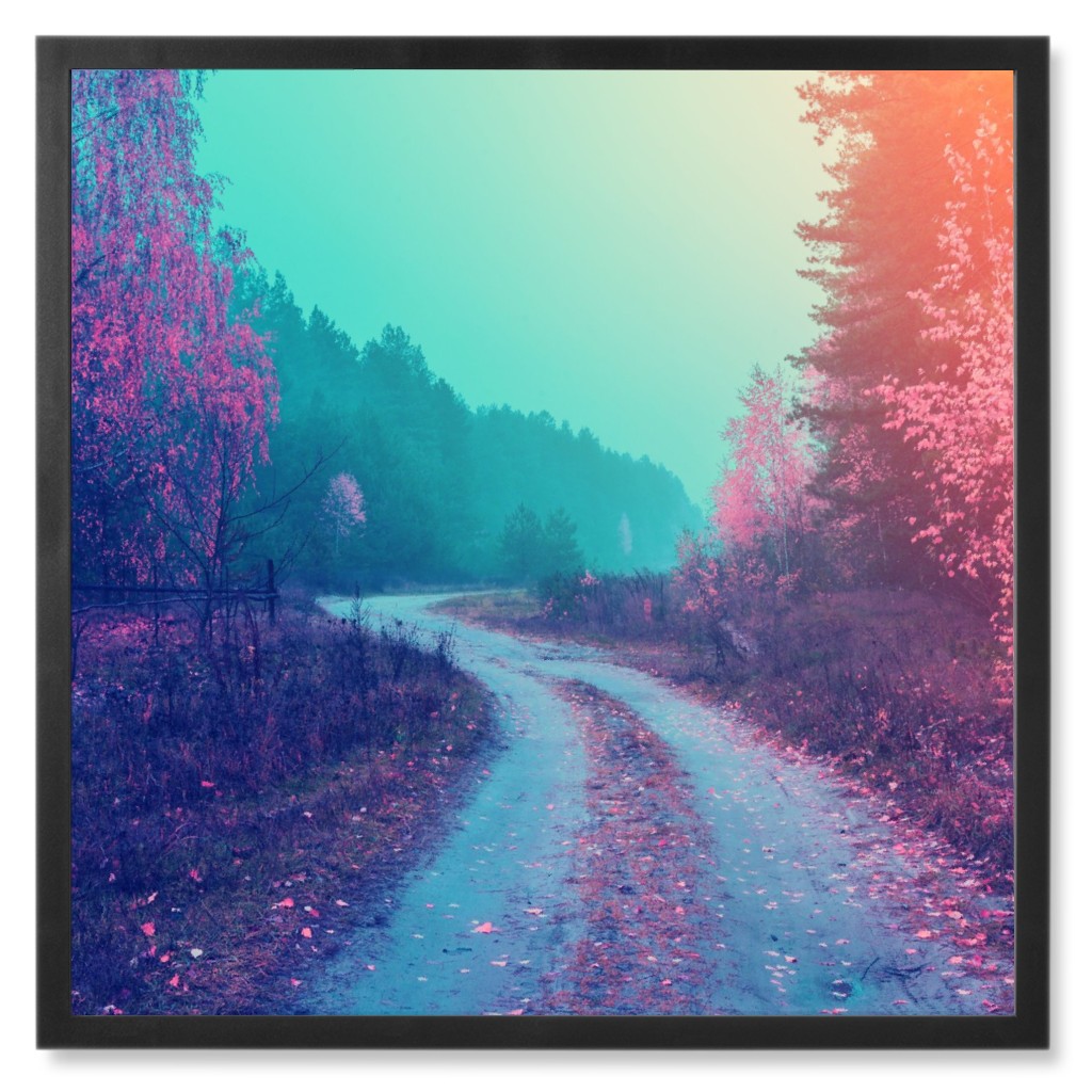 Hazy Fall Road Photo Tile, Black, Framed, 8x8, Green