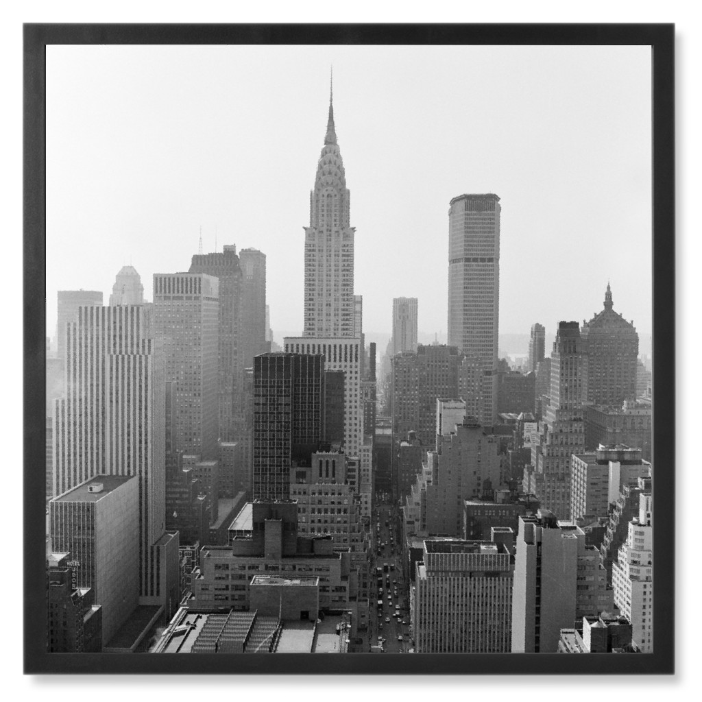 Hazy New York Skyline Photo Tile, Black, Framed, 8x8, Gray