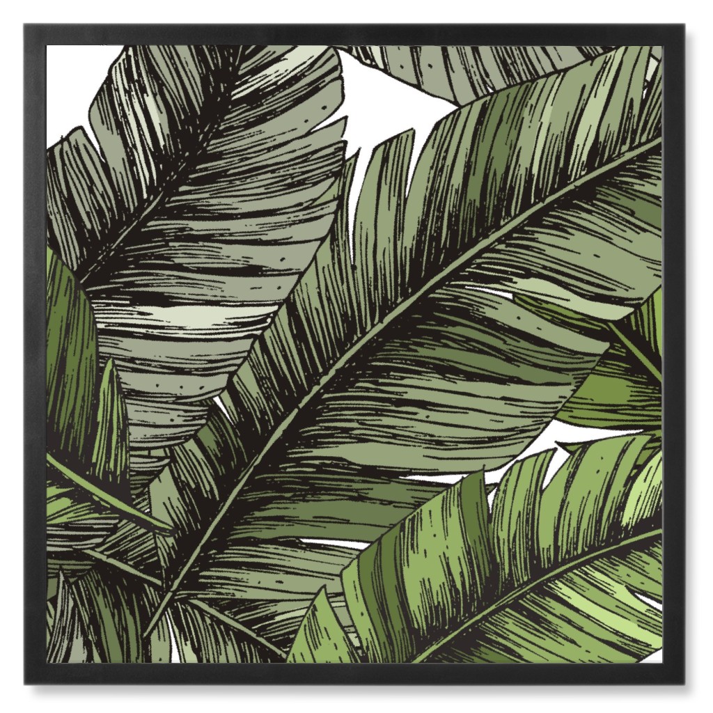 Tropical Palm Leaves - Green Photo Tile, Black, Framed, 8x8, Green