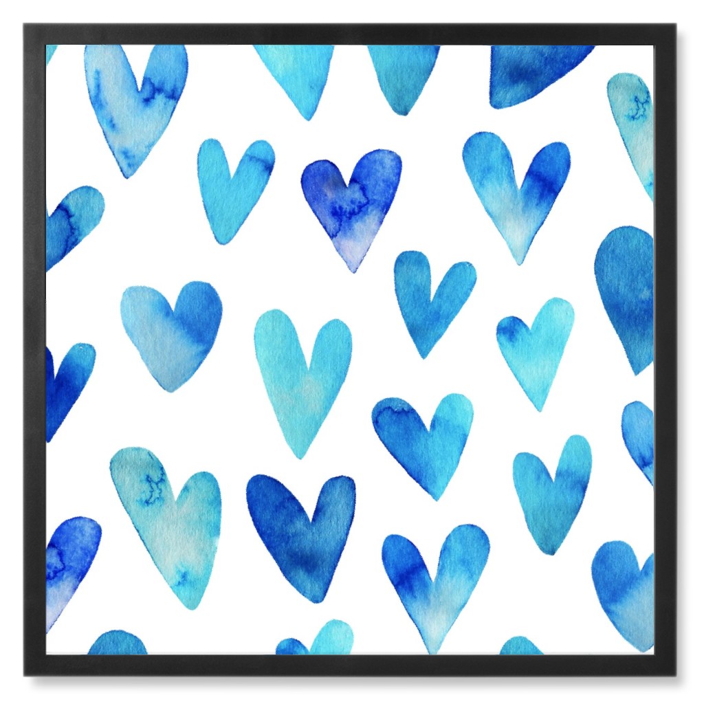 Blue Ombre Hearts - Blue Photo Tile, Black, Framed, 8x8, Blue