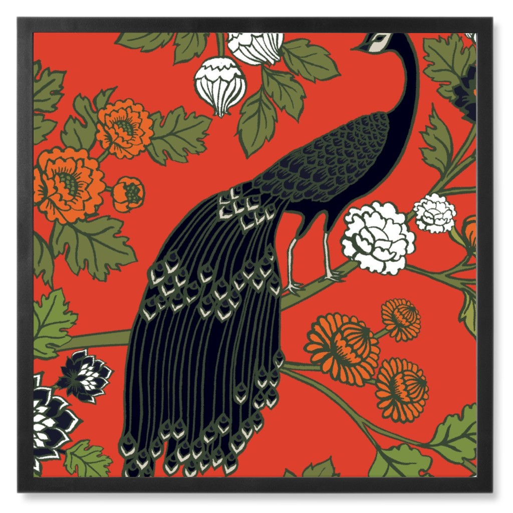 Peacock Garden - Red Photo Tile, Black, Framed, 8x8, Red
