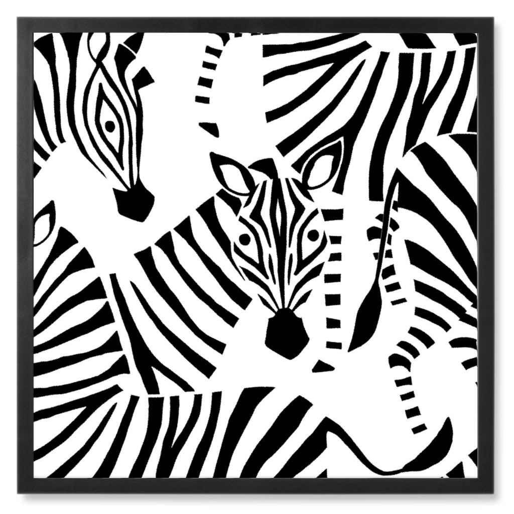 Zebras - Black & White Photo Tile, Black, Framed, 8x8, Black, Black