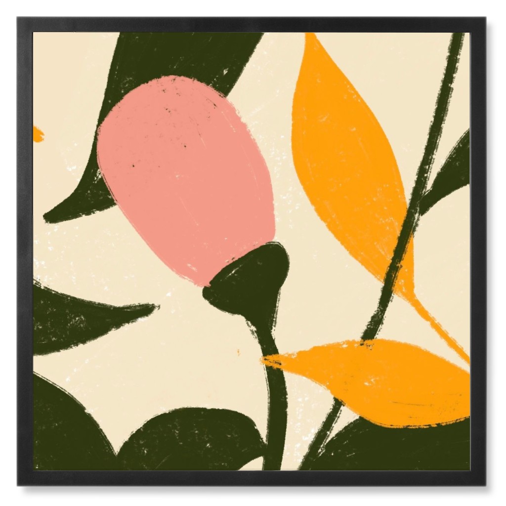 Mid Century Garden Floral Blooms - Pink Photo Tile, Black, Framed, 8x8, Pink, Bright Pink