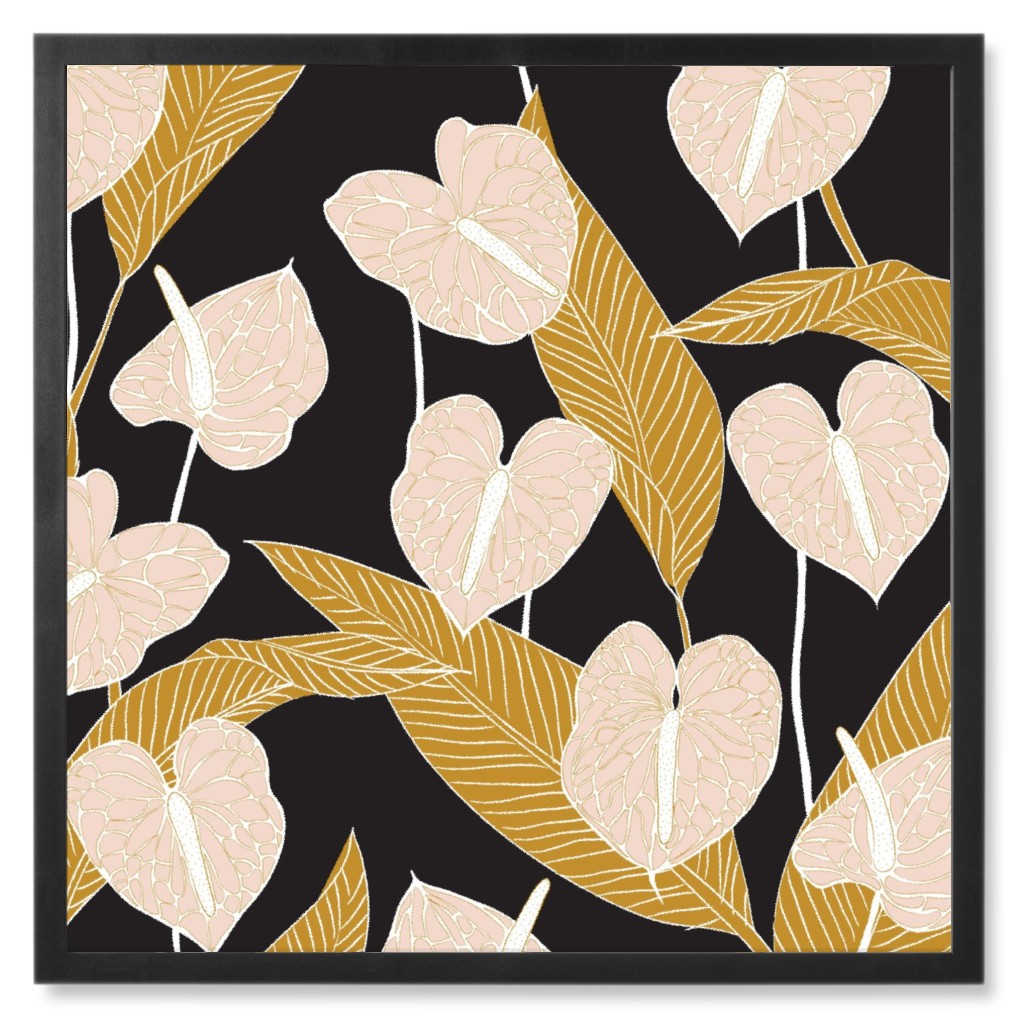 Art Nouveau Anthuriums - Black Mustard and Pale Peach Photo Tile, Black, Framed, 8x8, Multicolor