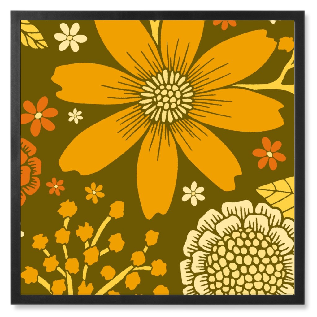 1970s Retro Flowers - Yellow, Orange & Olive Green Photo Tile, Black, Framed, 8x8, Orange