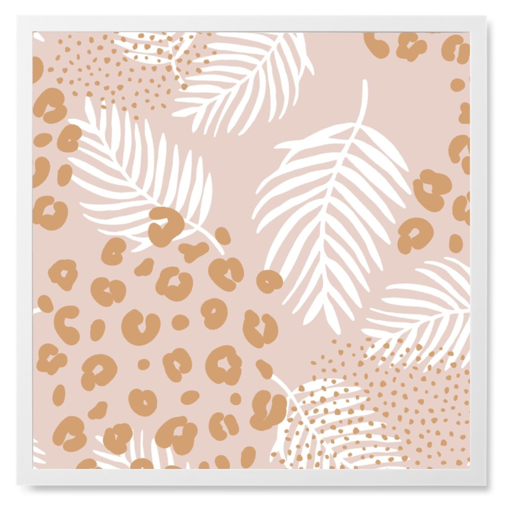 Palm Leaves and Animal Panther Spots - Beige Photo Tile, White, Framed, 8x8, Pink, Bright Pink
