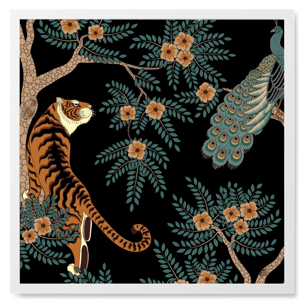 Tiger & Peacock - Black Photo Tile, White, Framed, 8x8, Black