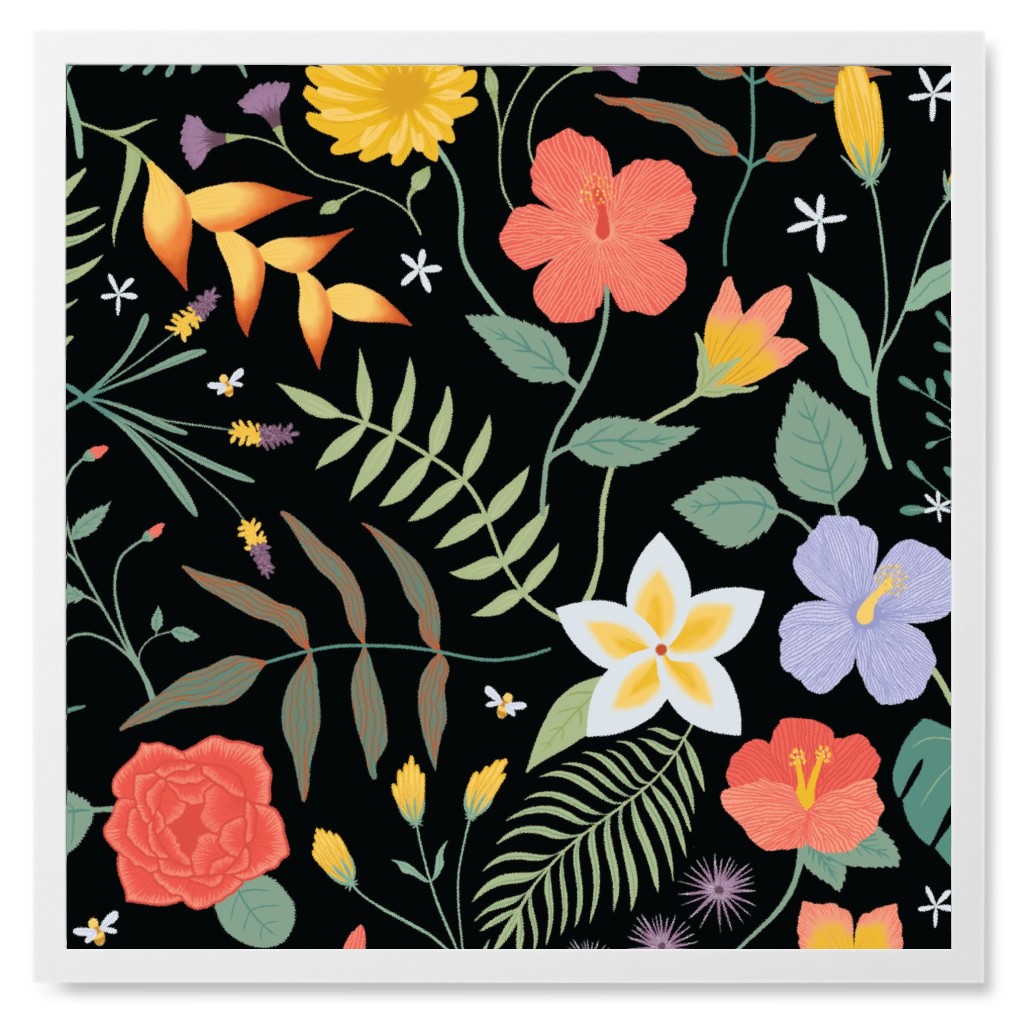 Hawaii Floral - Black Photo Tile, White, Framed, 8x8, Multicolor