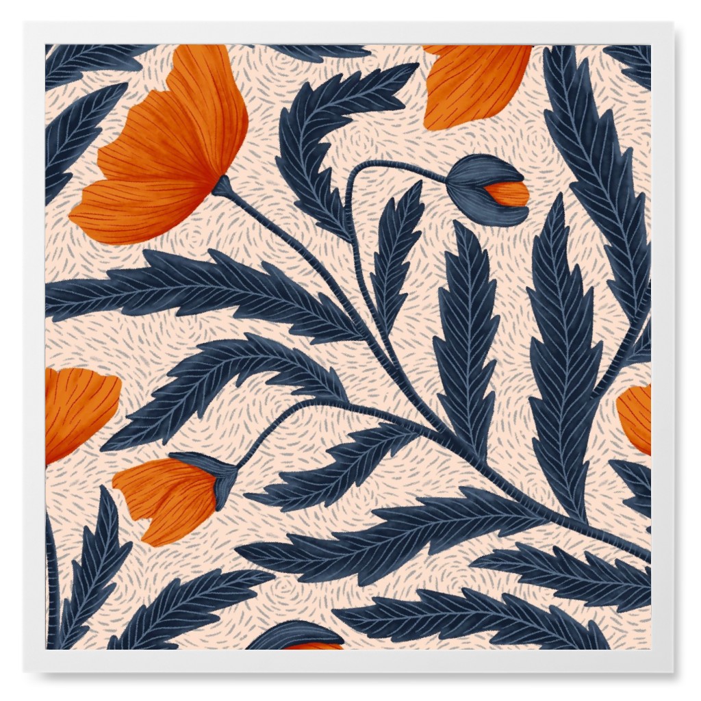 Poppy Flower - Blue & Orange Photo Tile, White, Framed, 8x8, Orange