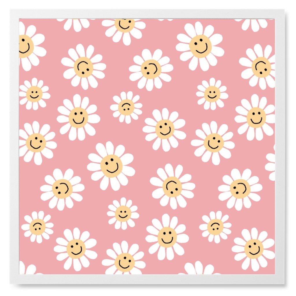 Smiley Daisy Flowers - Pink Photo Tile, White, Framed, 8x8, Pink