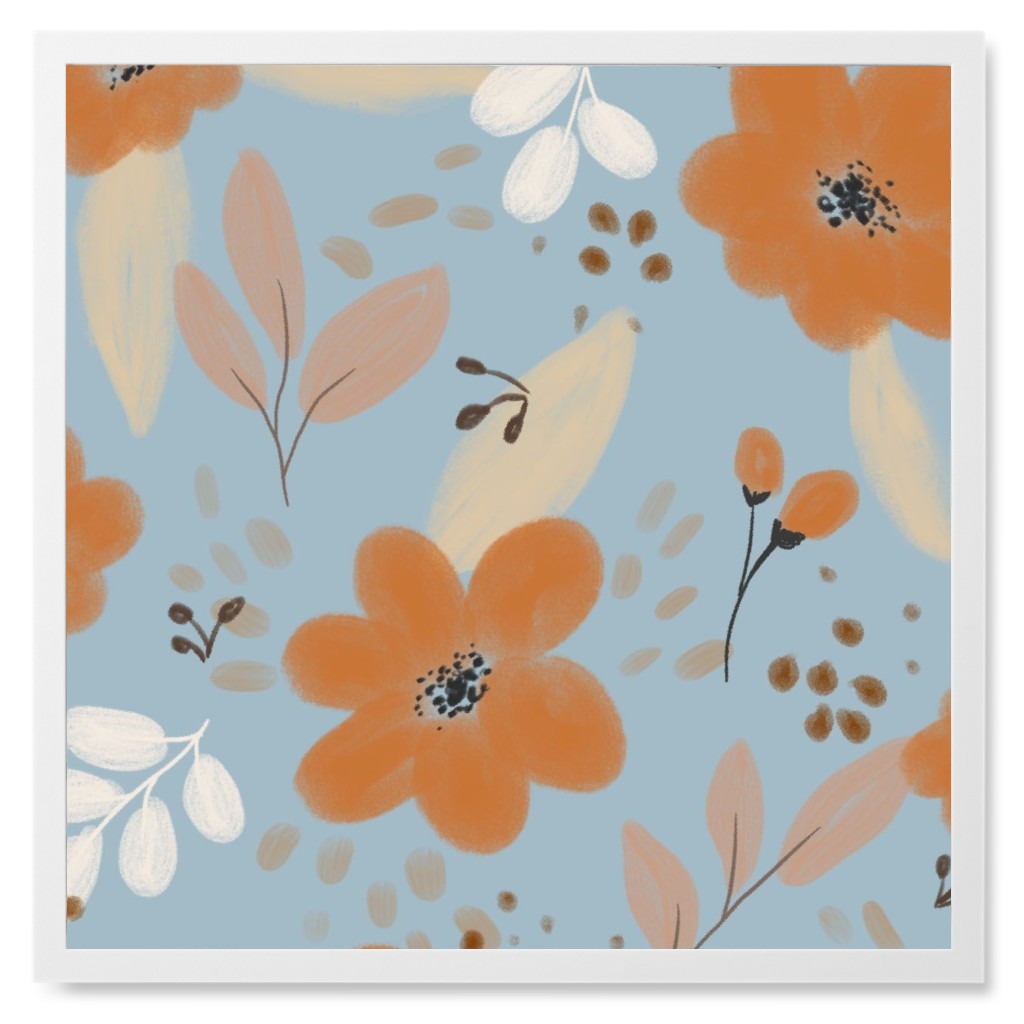Fall Florals Photo Tile, White, Framed, 8x8, Blue, Cool Gray
