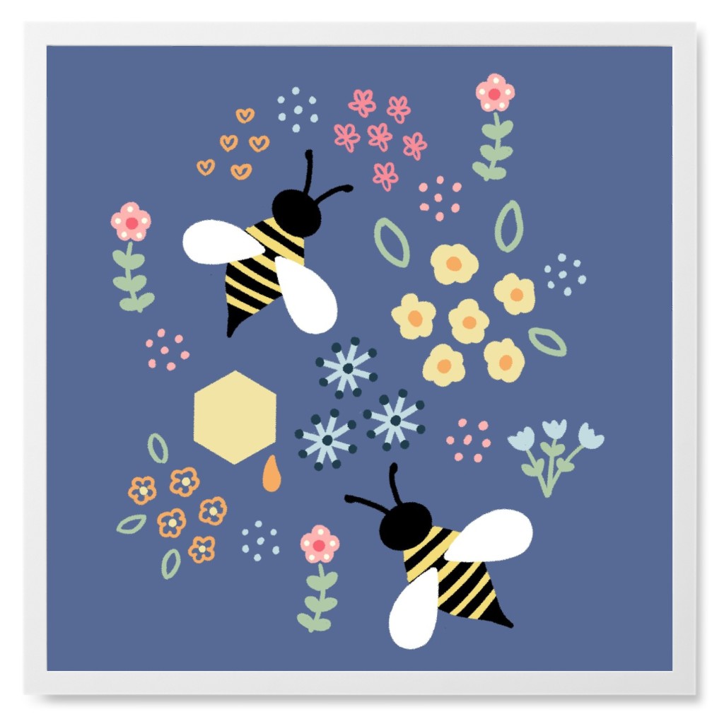 Bee Garden - Multi on Blue Photo Tile, White, Framed, 8x8, Blue, True Blue