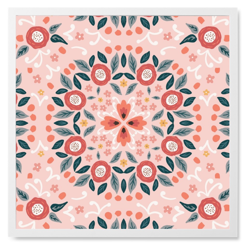 Floral Burst - Pink Photo Tile, White, Framed, 8x8, Pink